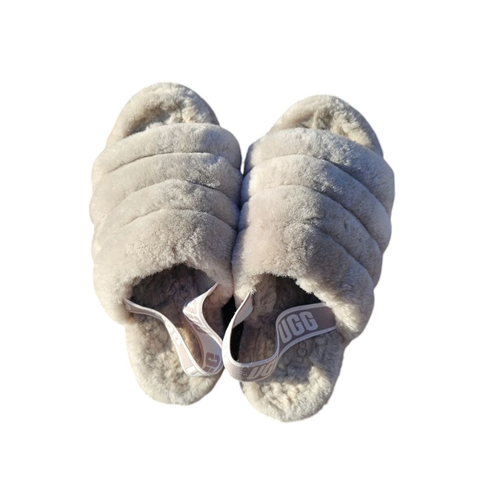 Ugg Fluff Yeah Slides Size 8 Gray Slippers Fuzzy Logo Women’s UGG Gray White - Picture 2 of 5